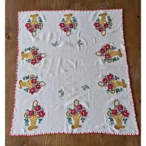 Vintage Hand Embroidered 34 X 31 Flower Baskets Festive Retro Home